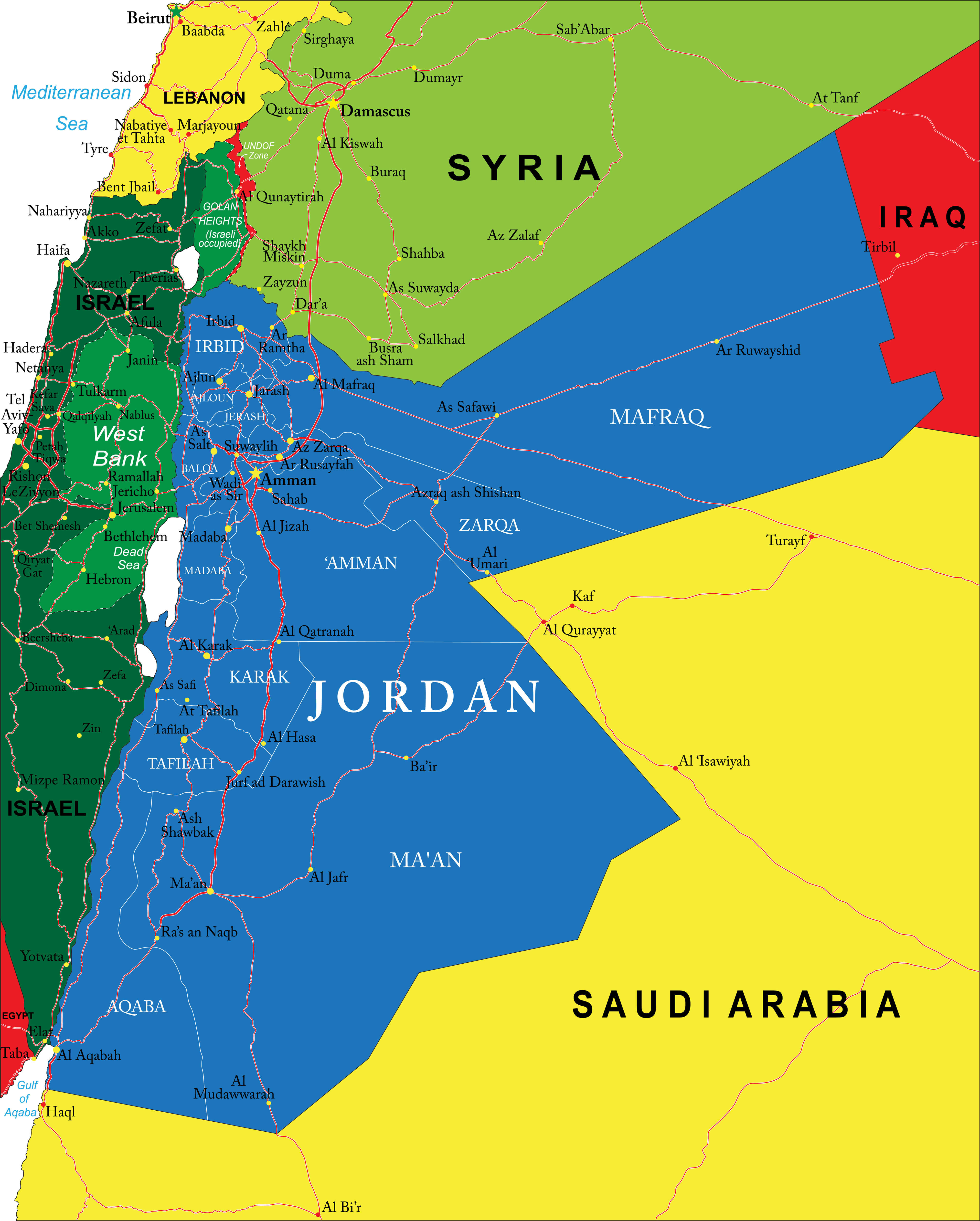 Political Map of Jordan: Cities, Roads, and Neighboring Countries