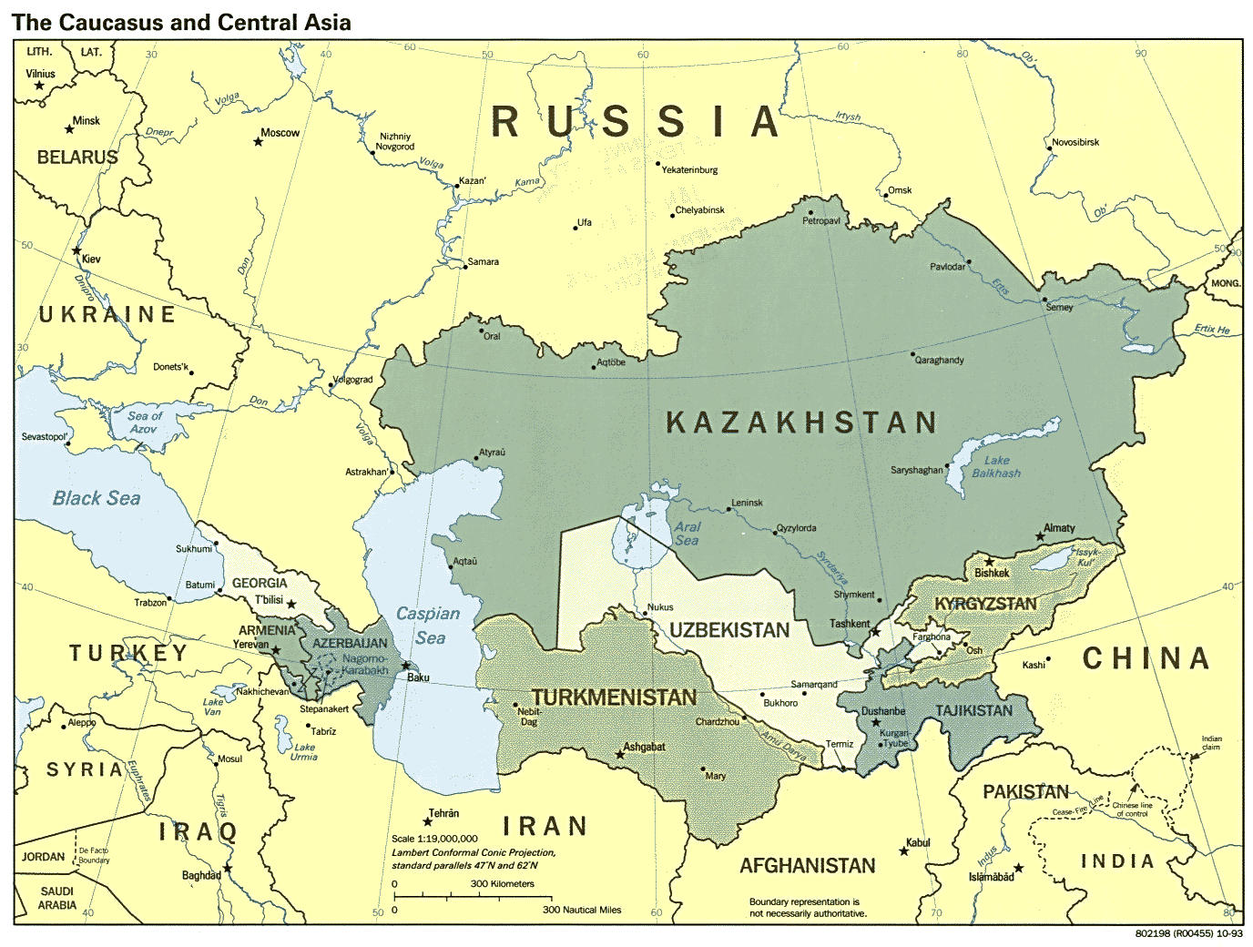 Map showing Kazakhstan, the Caucasus, and Central Asian countries with borders