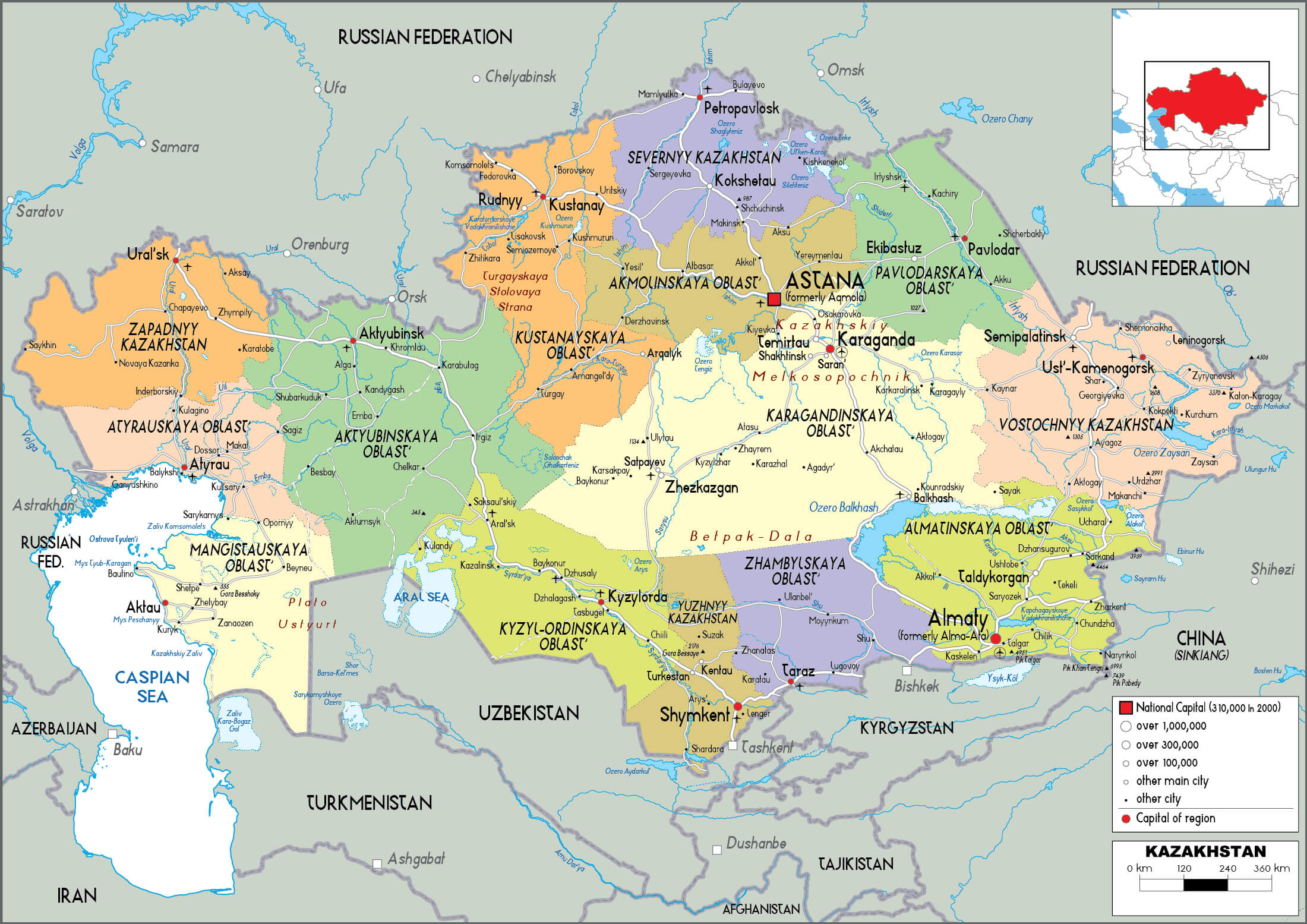 Kazakhstan Administrative Map with Major Cities and Regions