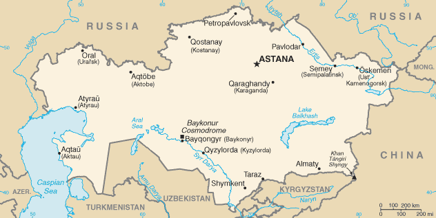 Map of Kazakhstan highlighting major cities, lakes, and the Baikonur Cosmodrome