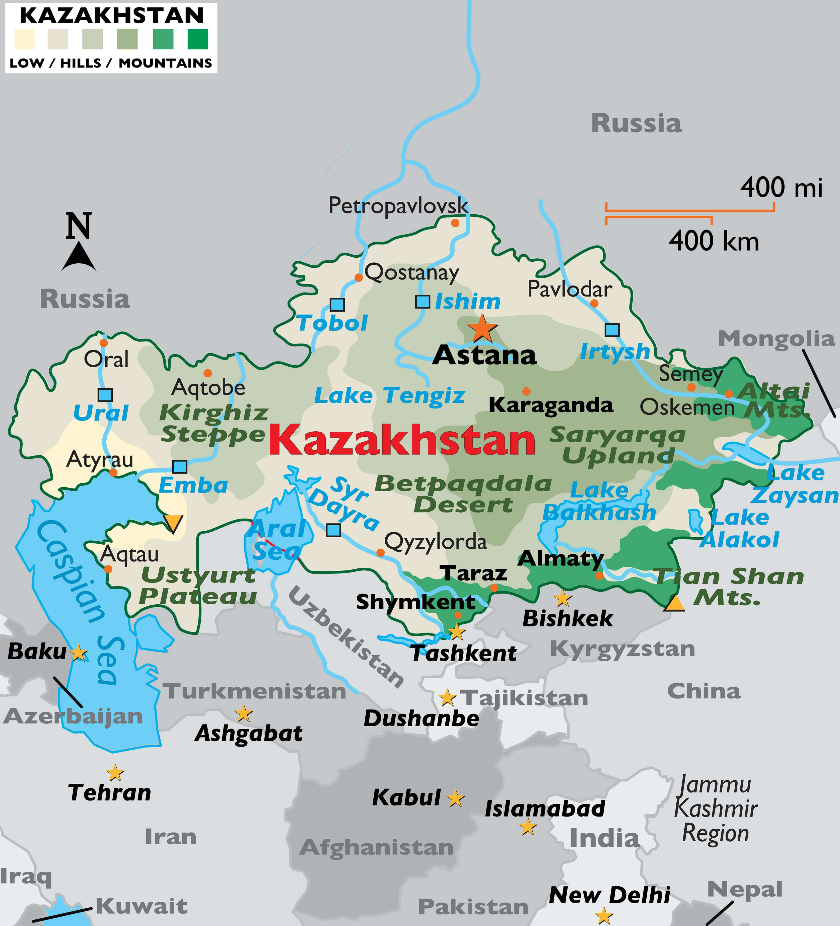 Kazakhstan Map with mountain ranges, lakes, deserts, and major cities