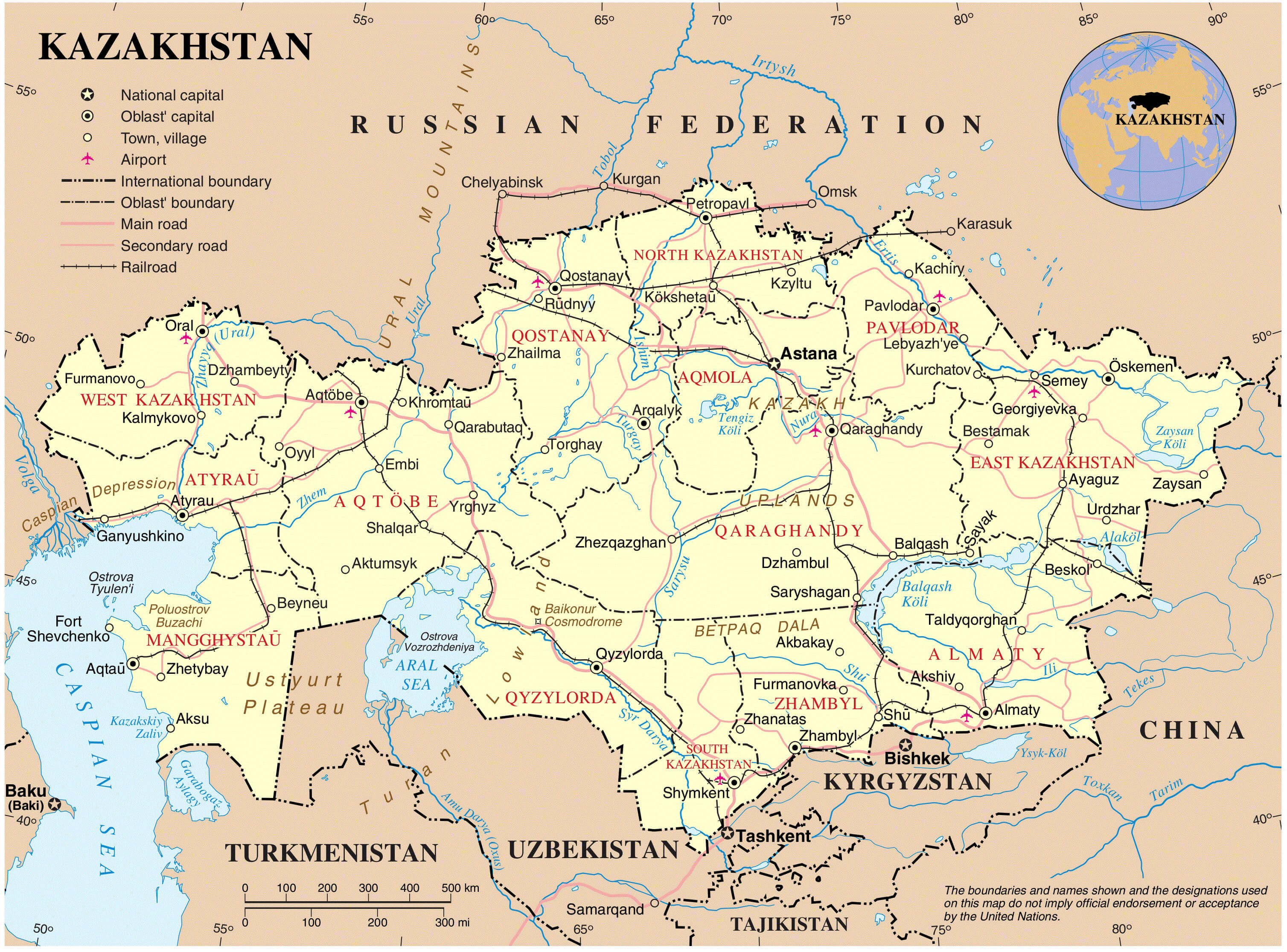 Kazakhstan Map with national borders, main roads, railroads, and major cities