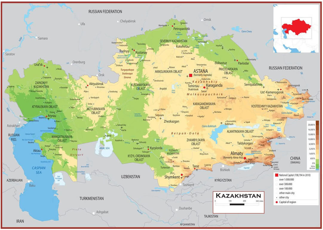 Kazakhstan Physical Map with Elevation and Terrain Features