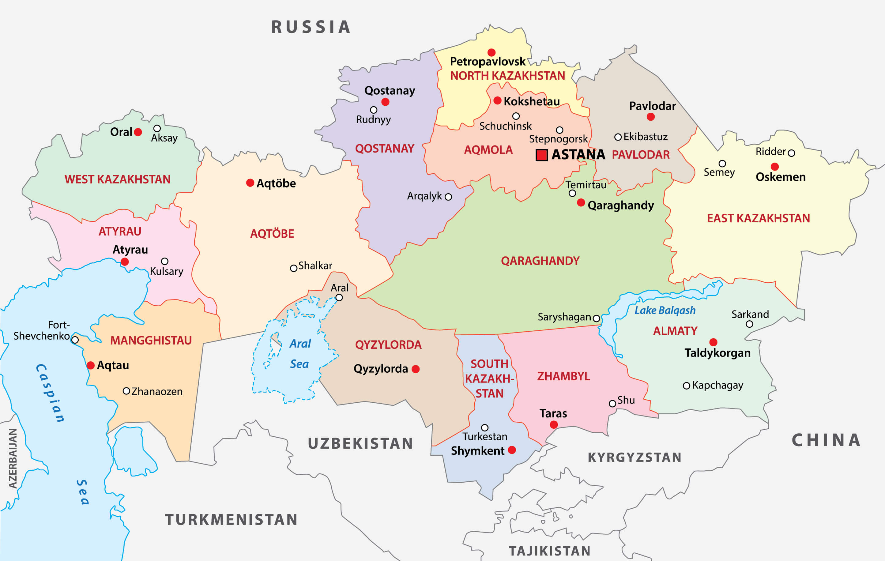 Kazakhstan Map with provinces, borders, and major cities