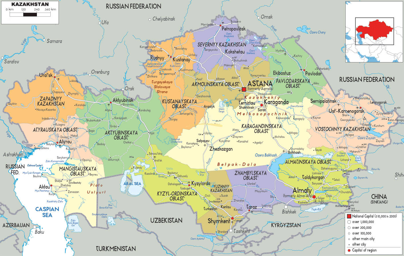 Detailed Map of Kazakhstan showing provinces, major cities, and borders