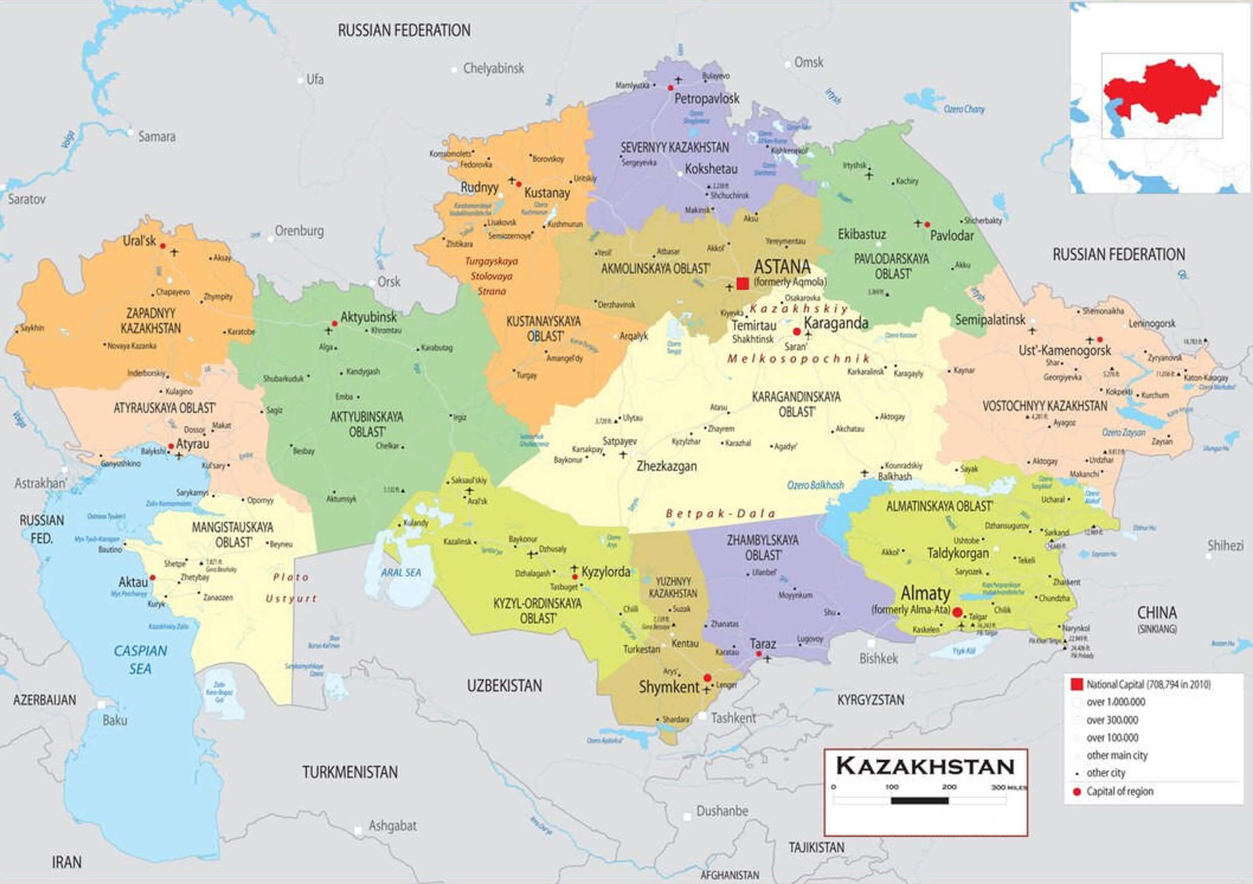 Kazakhstan Regions Map with Major Cities