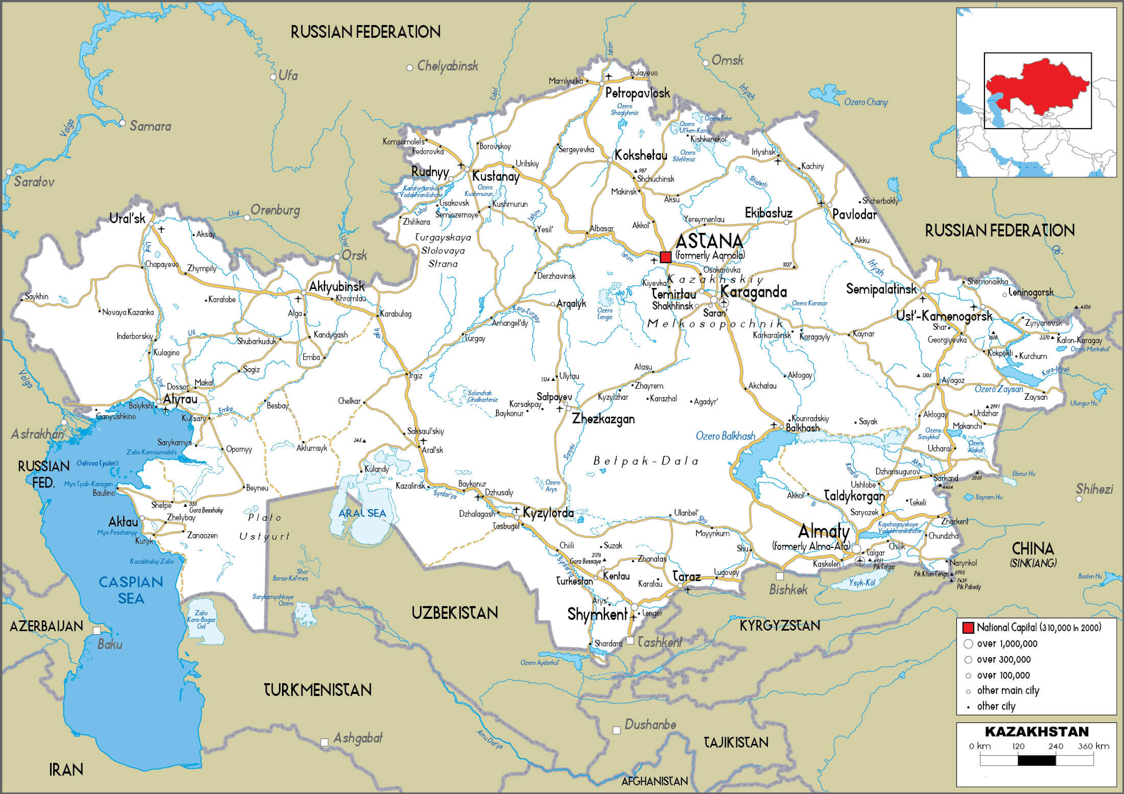 Kazakhstan Map with roads, highways, and cities