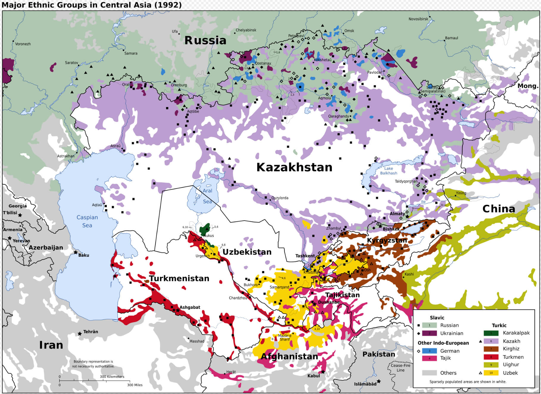 Ethnic groups Map of Central Asia and Kazakhstan in 1992, with population distribution