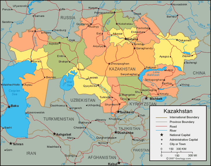 Map of Kazakhstan showing provinces, cities, and international borders