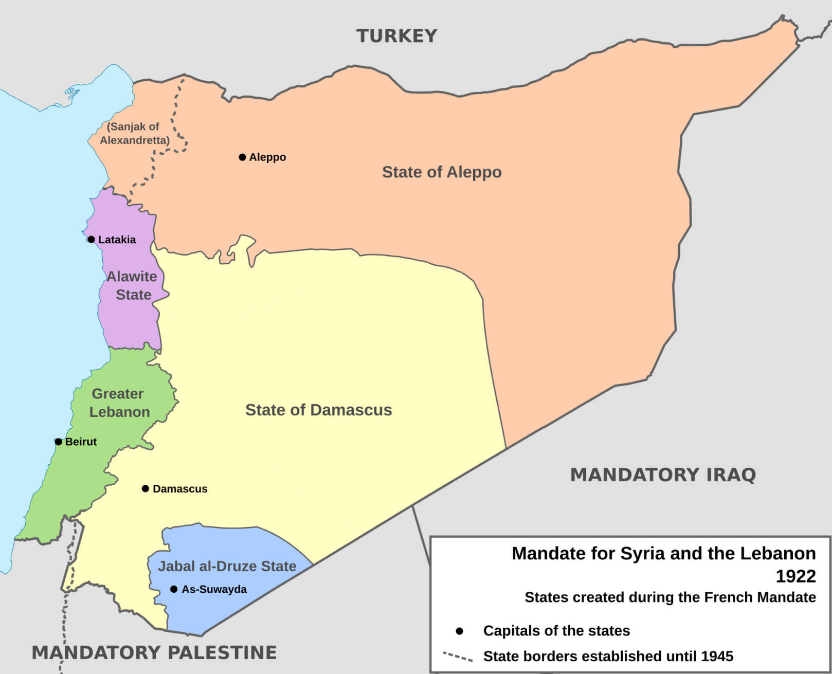 Map of the French Mandate and Lebanon, Syria in 1920