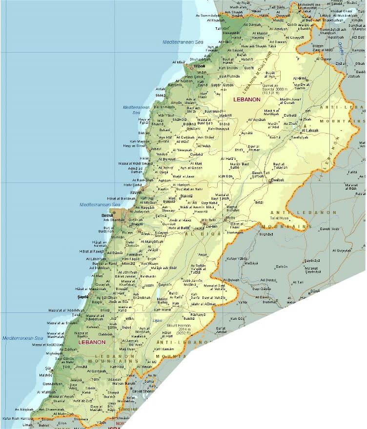 Lebanon Physical Map with Beirut