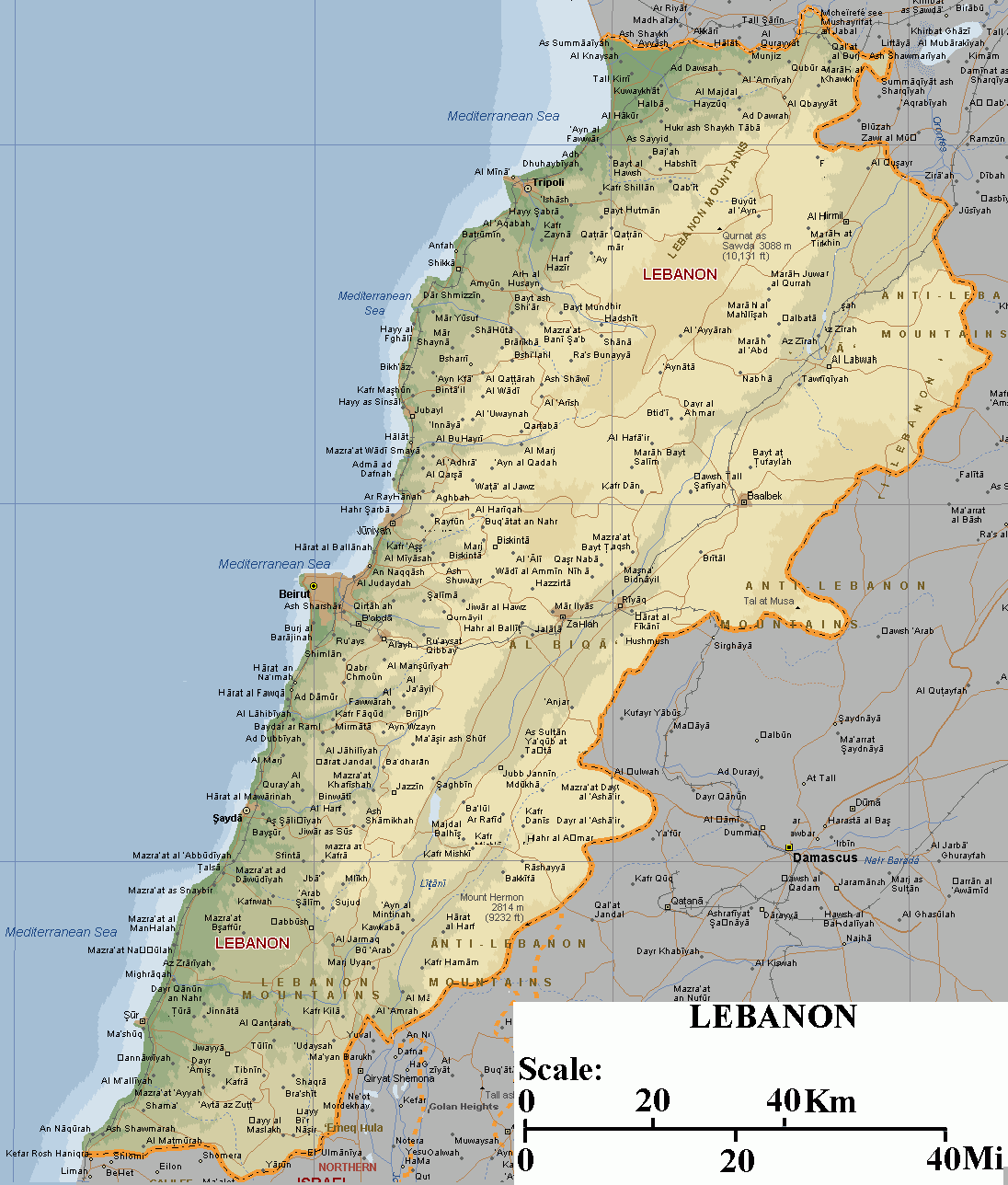 Lebanon Physical Map