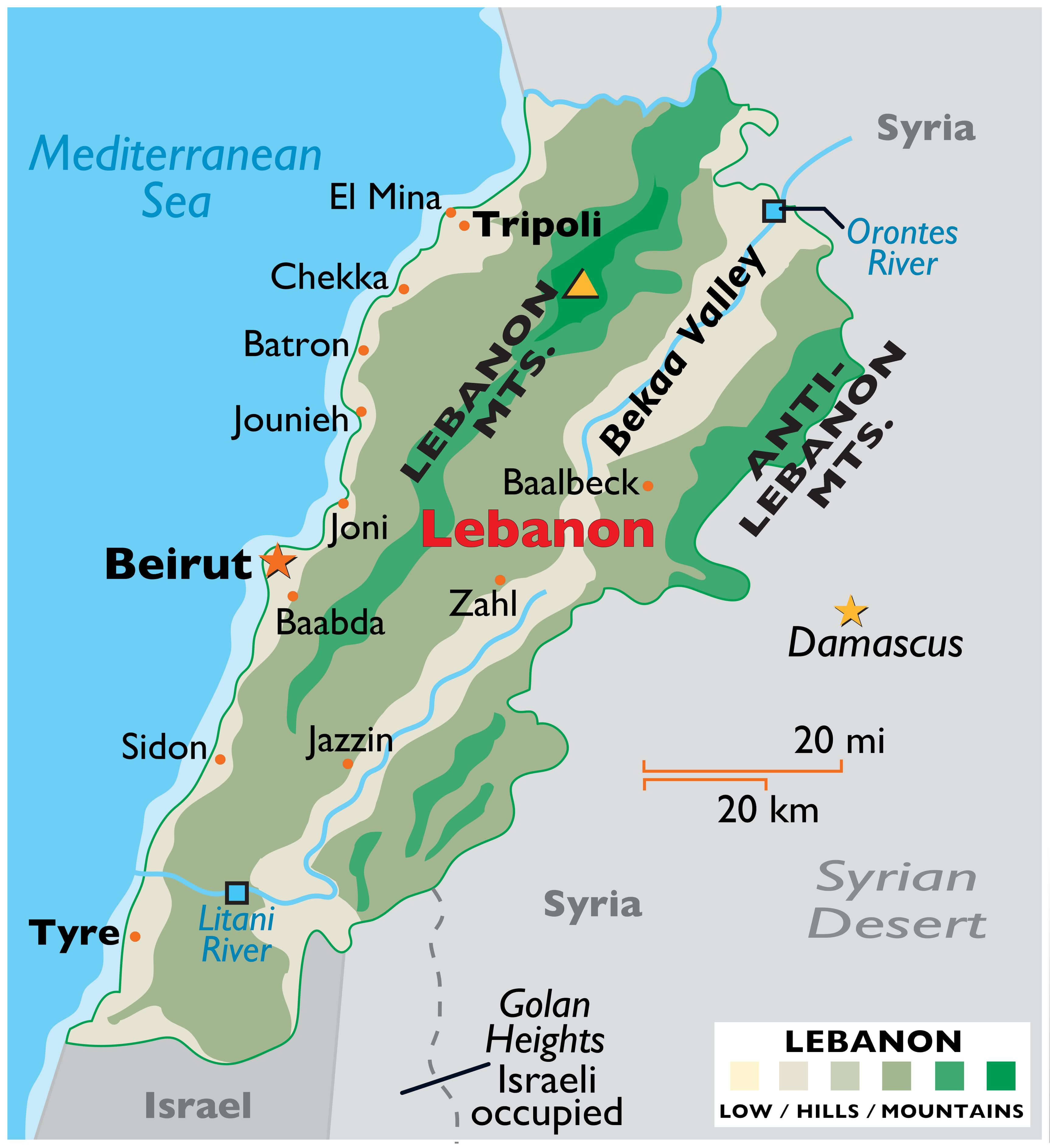 Lebanon Rivers Map with Syria Israel