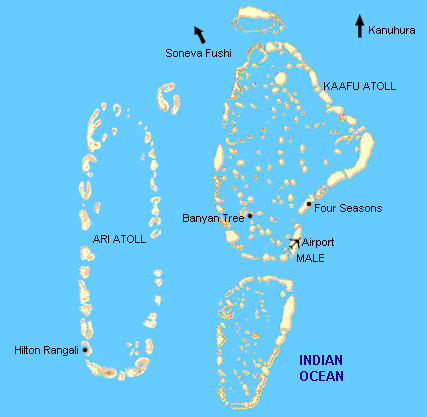 Map of the Maldives showing main atolls and resort locations