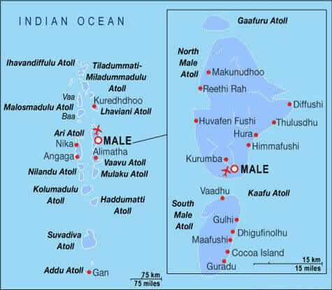 Map of Maldives showing atolls, Male, and major resort islands