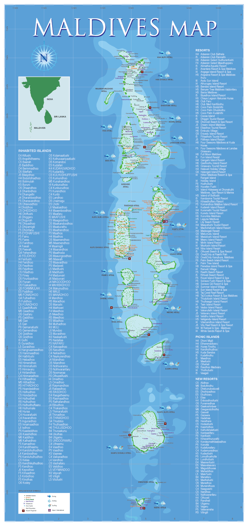 Detailed Maldives map showing atolls, inhabited islands, and resorts