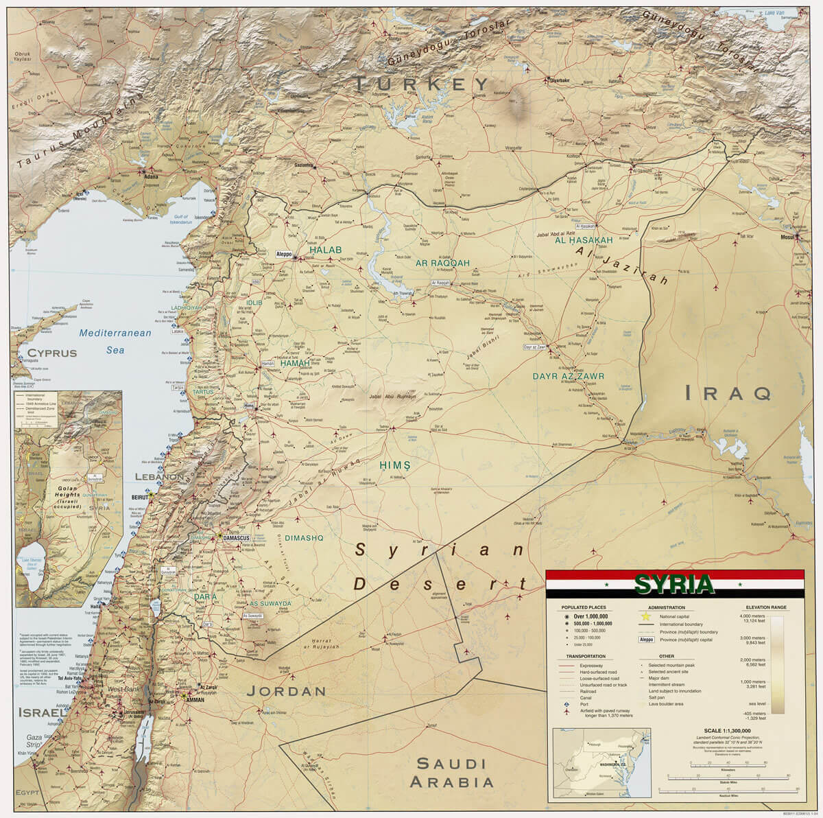 Physical map of Syria with cities, borders, and geography