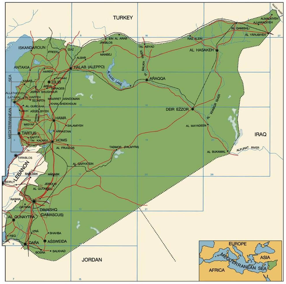 Syria cities map with routes