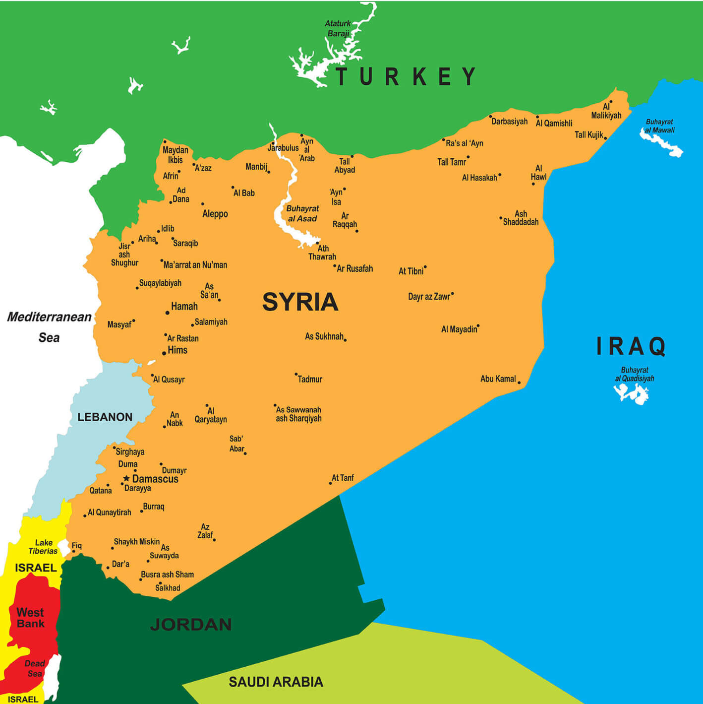 Map of Syria with Major Cities and Neighboring Countries