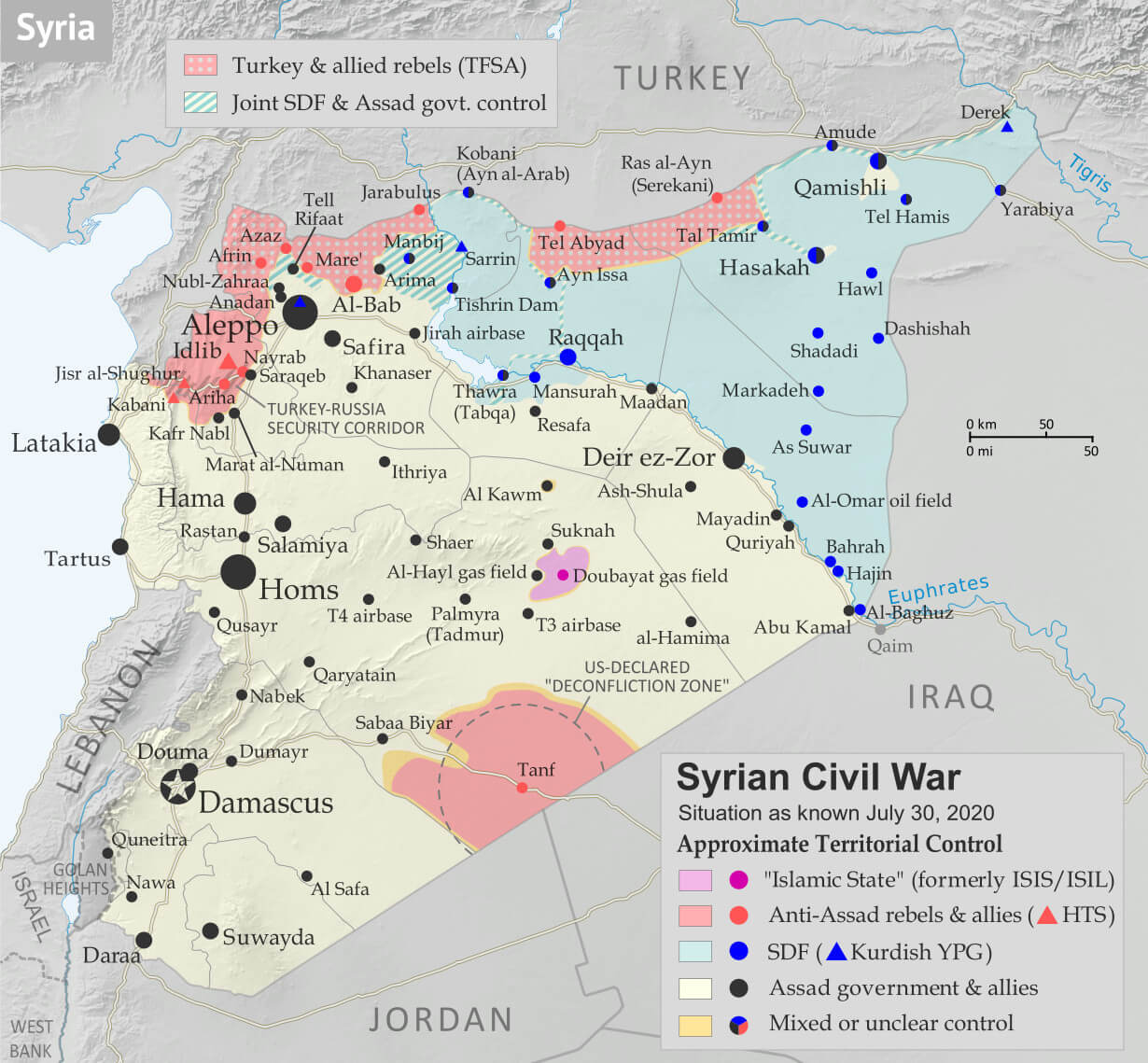 Syria civil war map with zones of control as of 2020