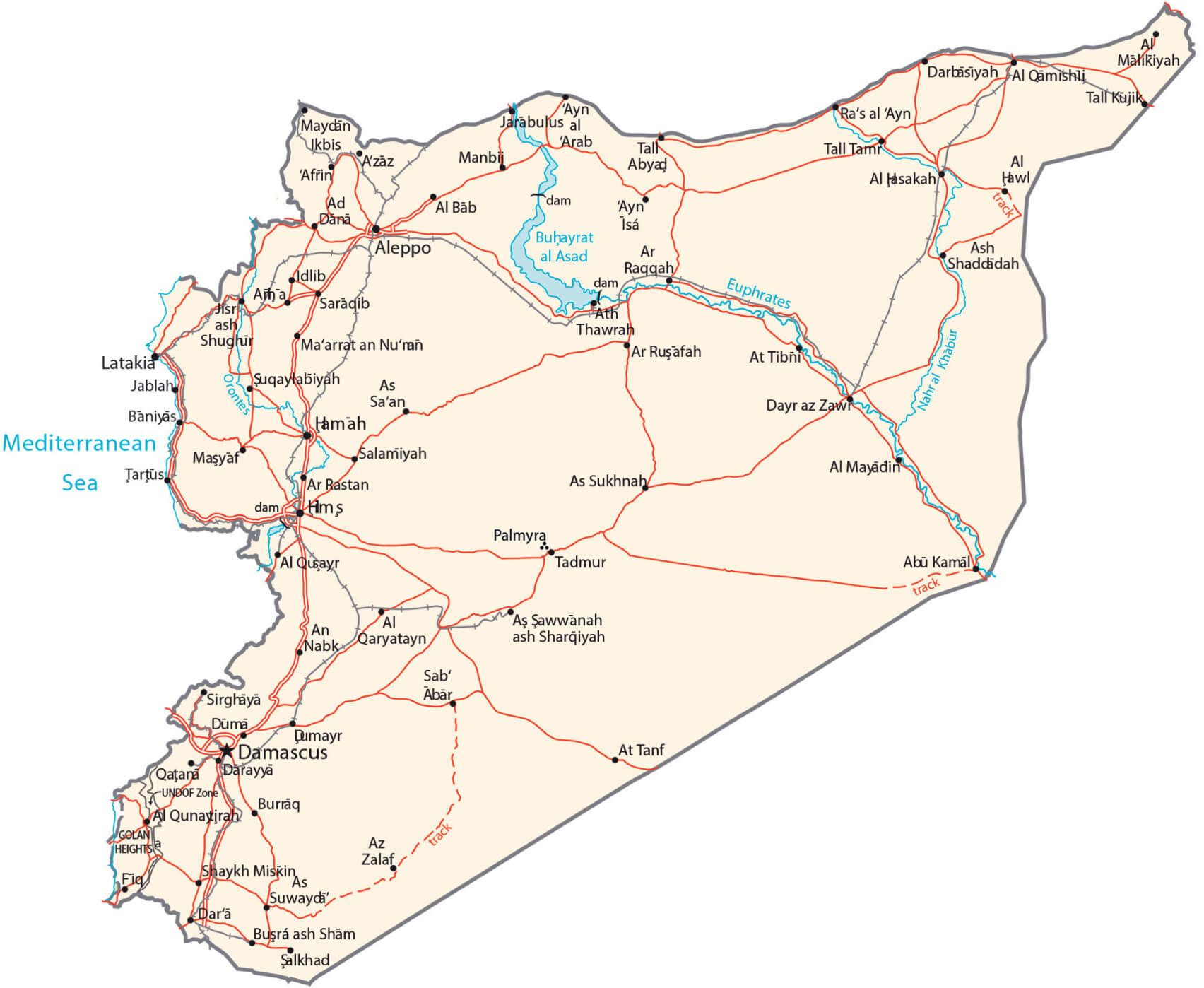 Syria map with highways and rivers