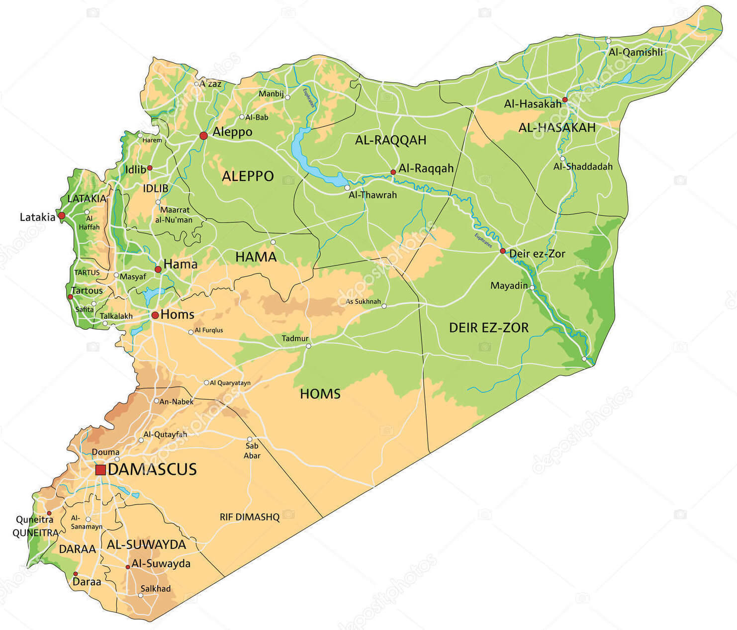 Syria physical map with cities, regions, rivers, and terrain features.