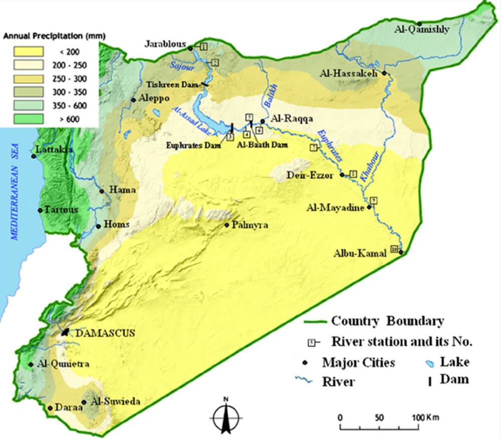 Syria rainfall map with annual precipitation levels and major cities