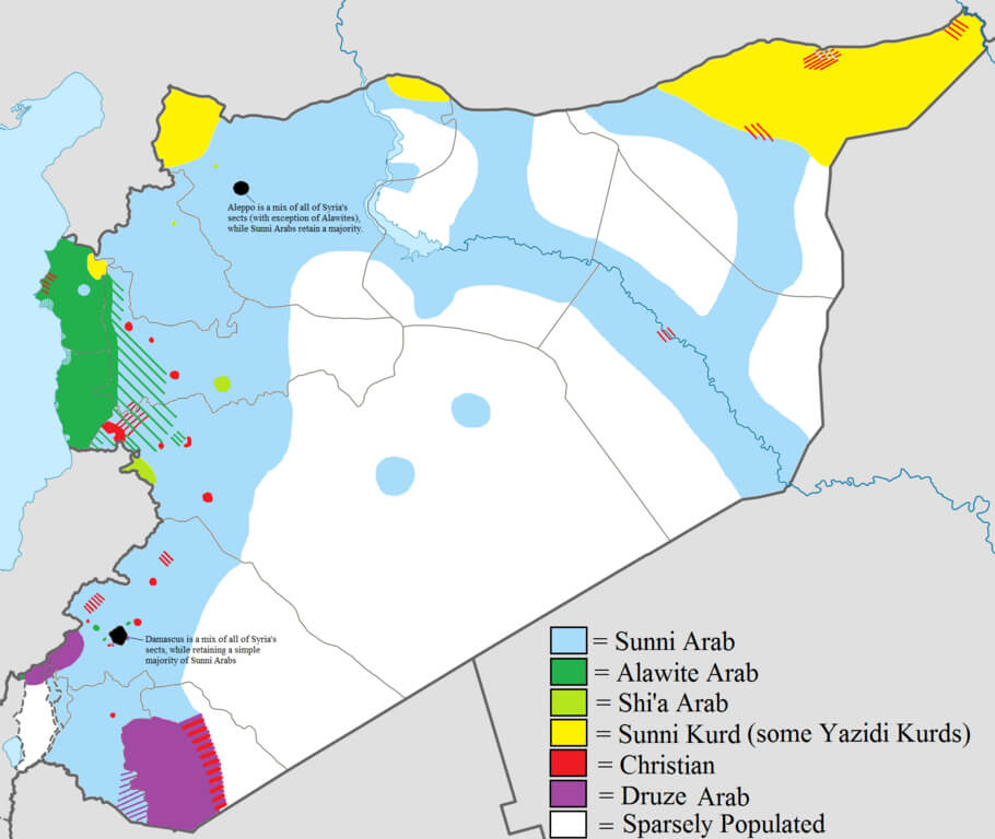 Syria map with religious and ethnic groups' distribution across the country.