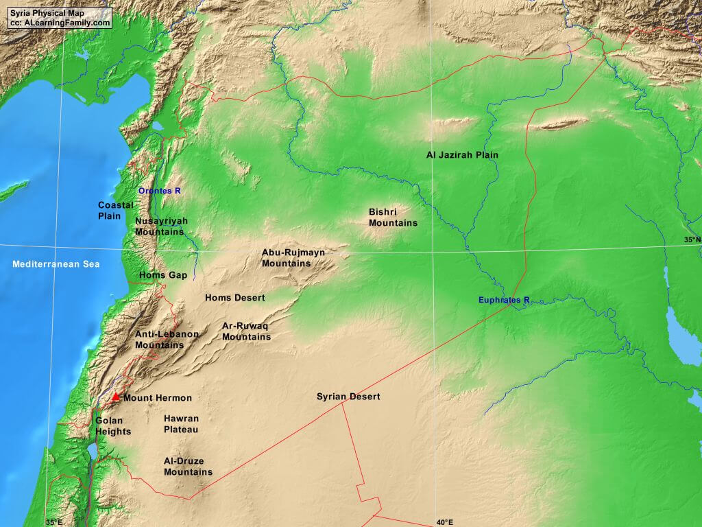 Syria topography map with mountains, plains, and desert regions.