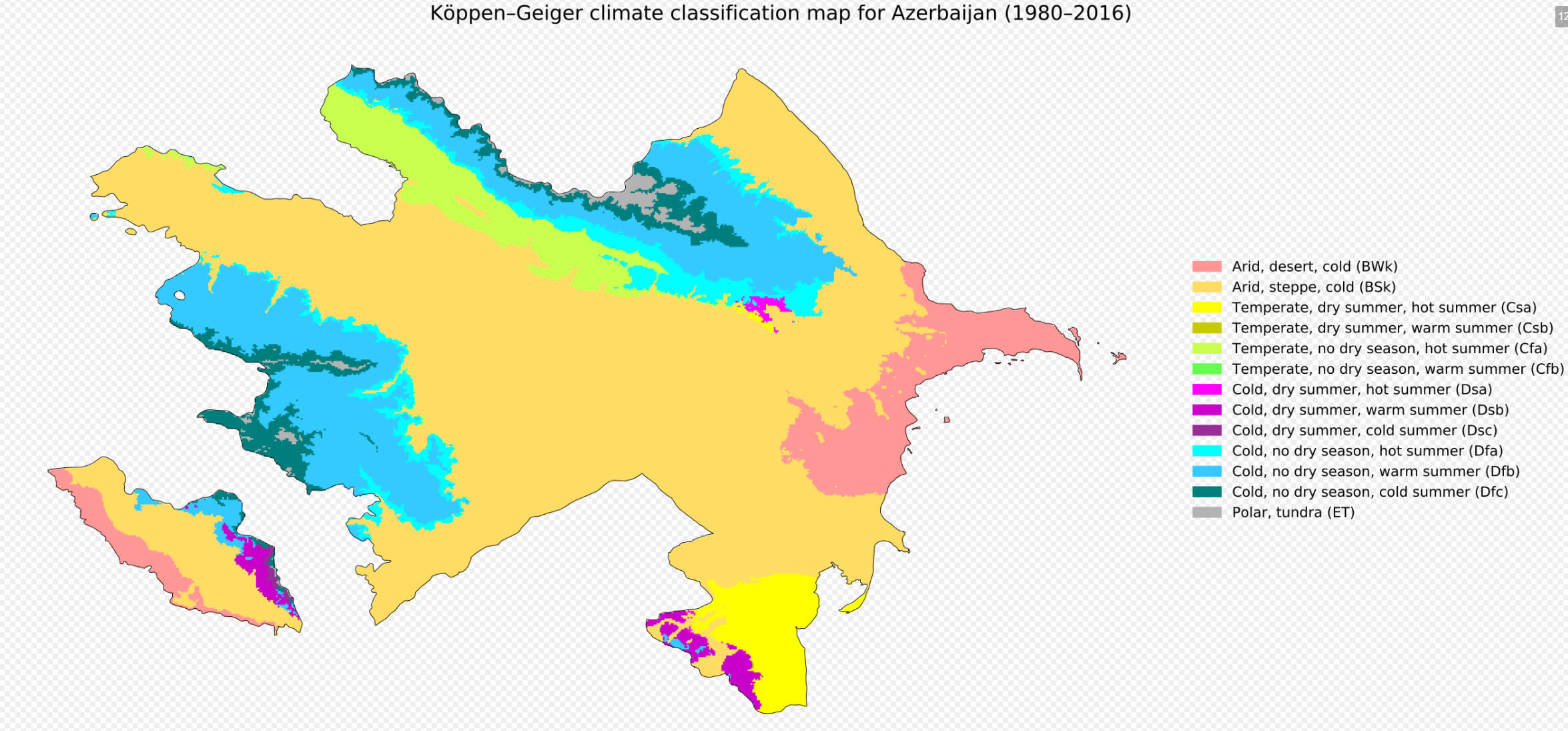 Azerbaijan climate map showing Köppen-Geiger classification zones