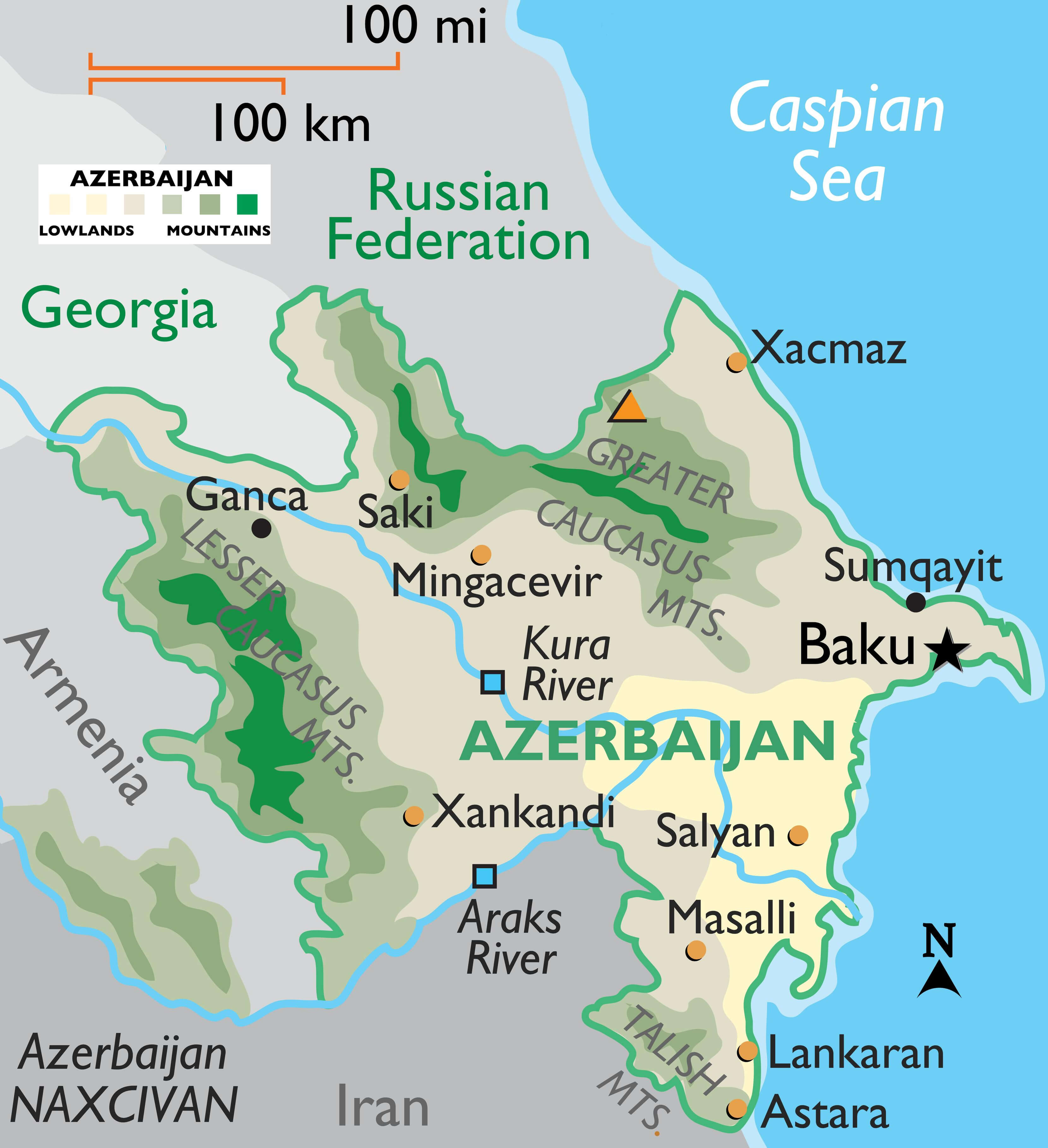 Azerbaijan map with borders, major cities, and the Caspian Sea