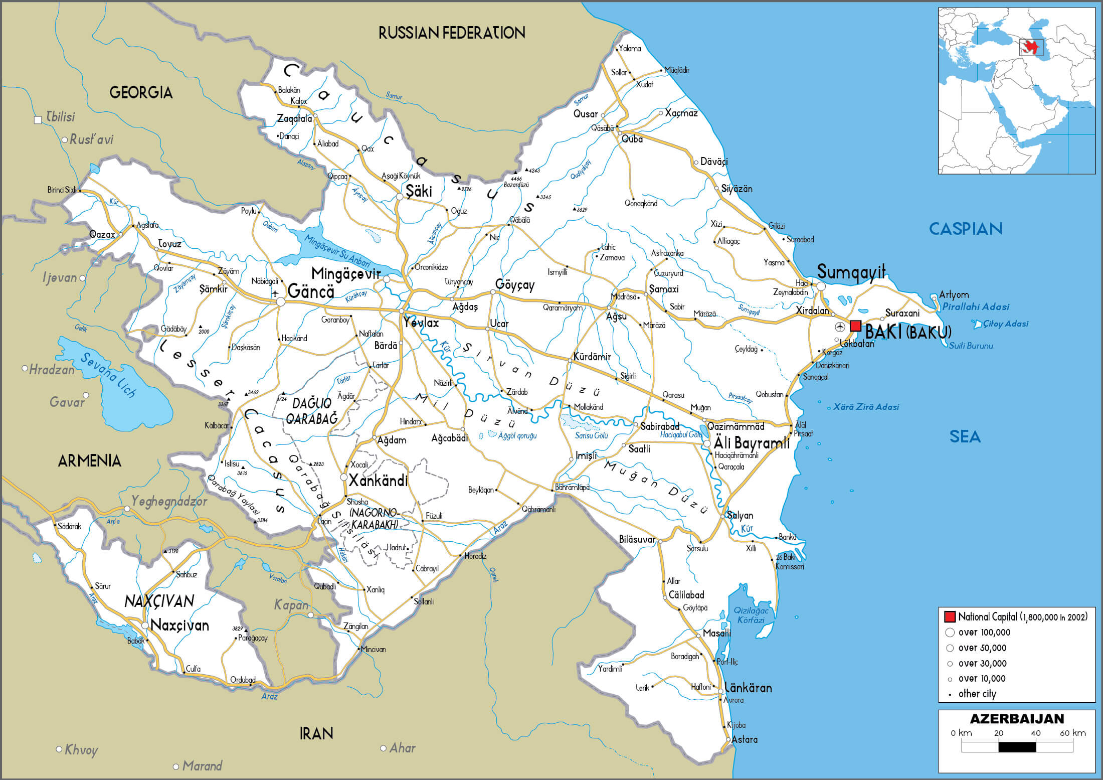 Azerbaijan map with largest cities, roads, and key locations