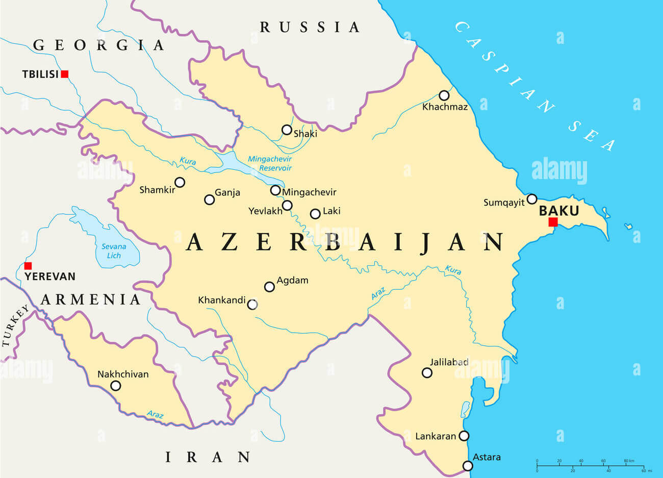 Azerbaijan major cities map and surrounding borders