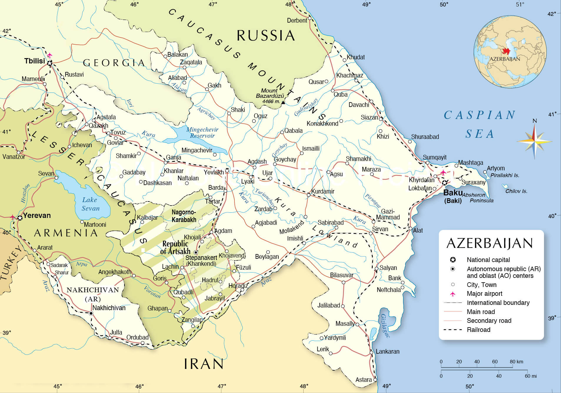 Azerbaijan map with cities, roads, borders, and natural features