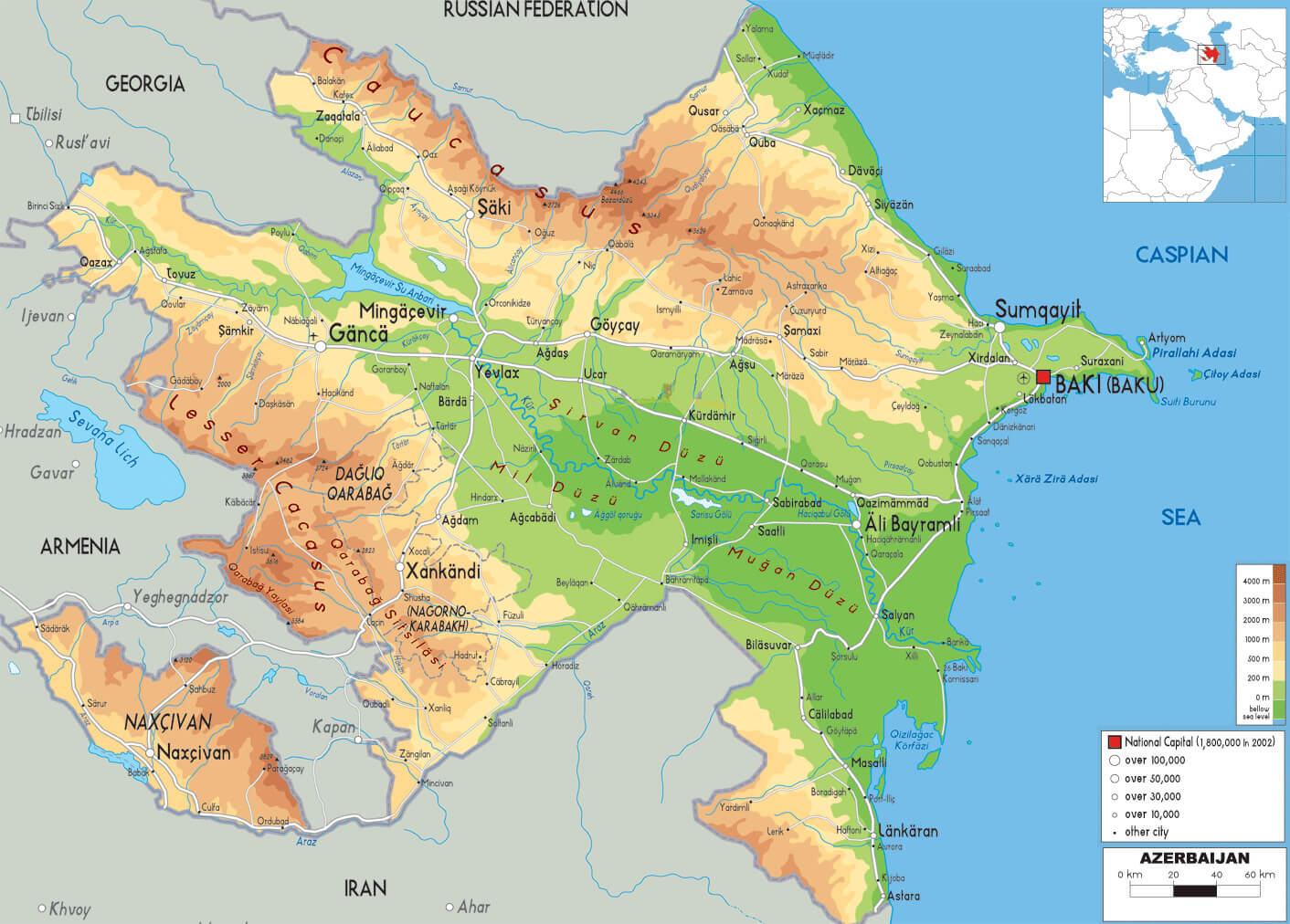 Azerbaijan physical map showing mountains, valleys, and plains