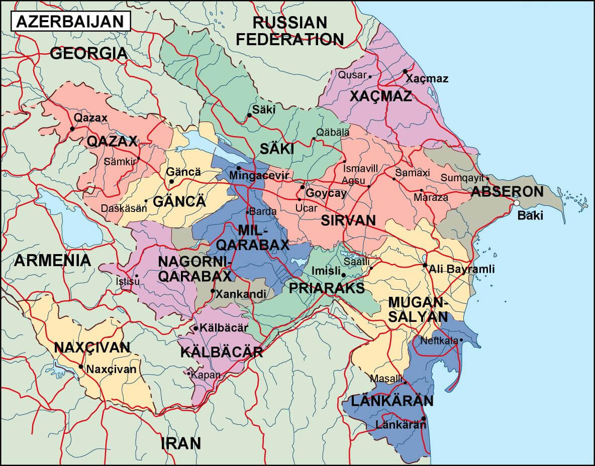 Azerbaijan regions map with administrative boundaries and cities