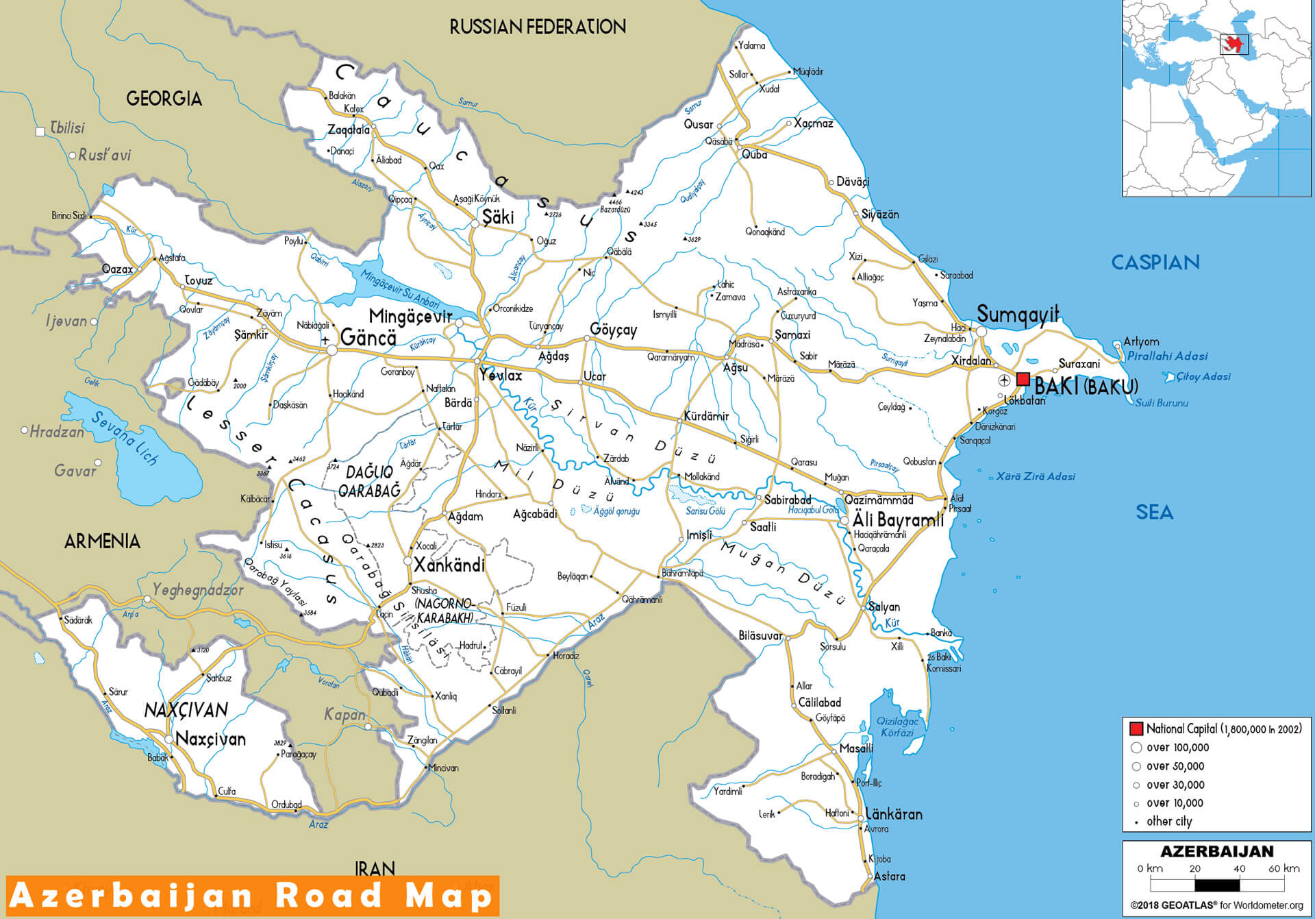 Azerbaijan road map with major cities and national borders