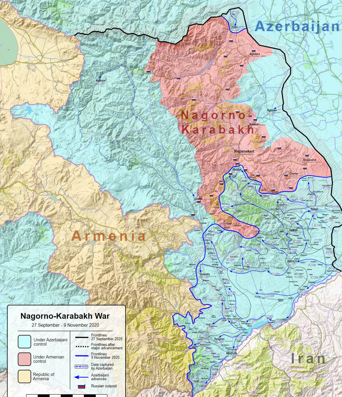 2020 Nagorno-Karabakh war map with control zones and territorial shifts