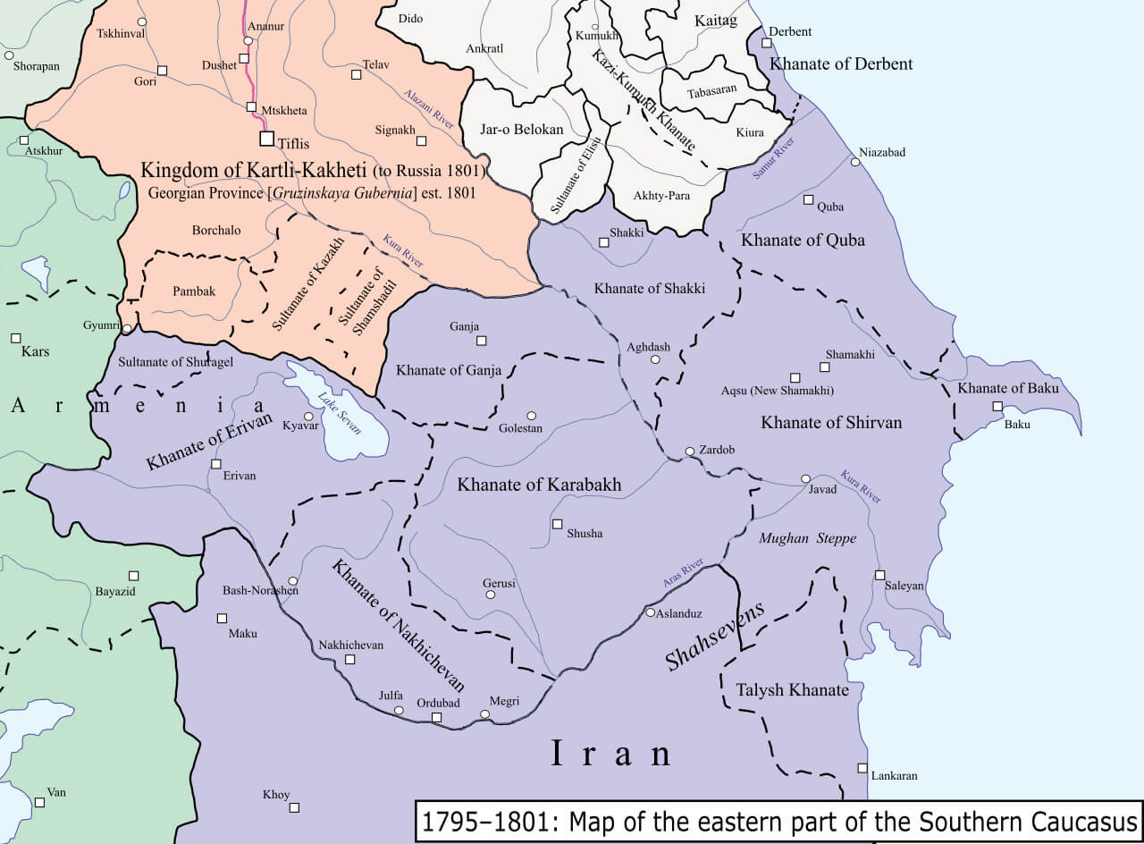 South Caucasus political map (1795–1801) showing khanates and kingdoms