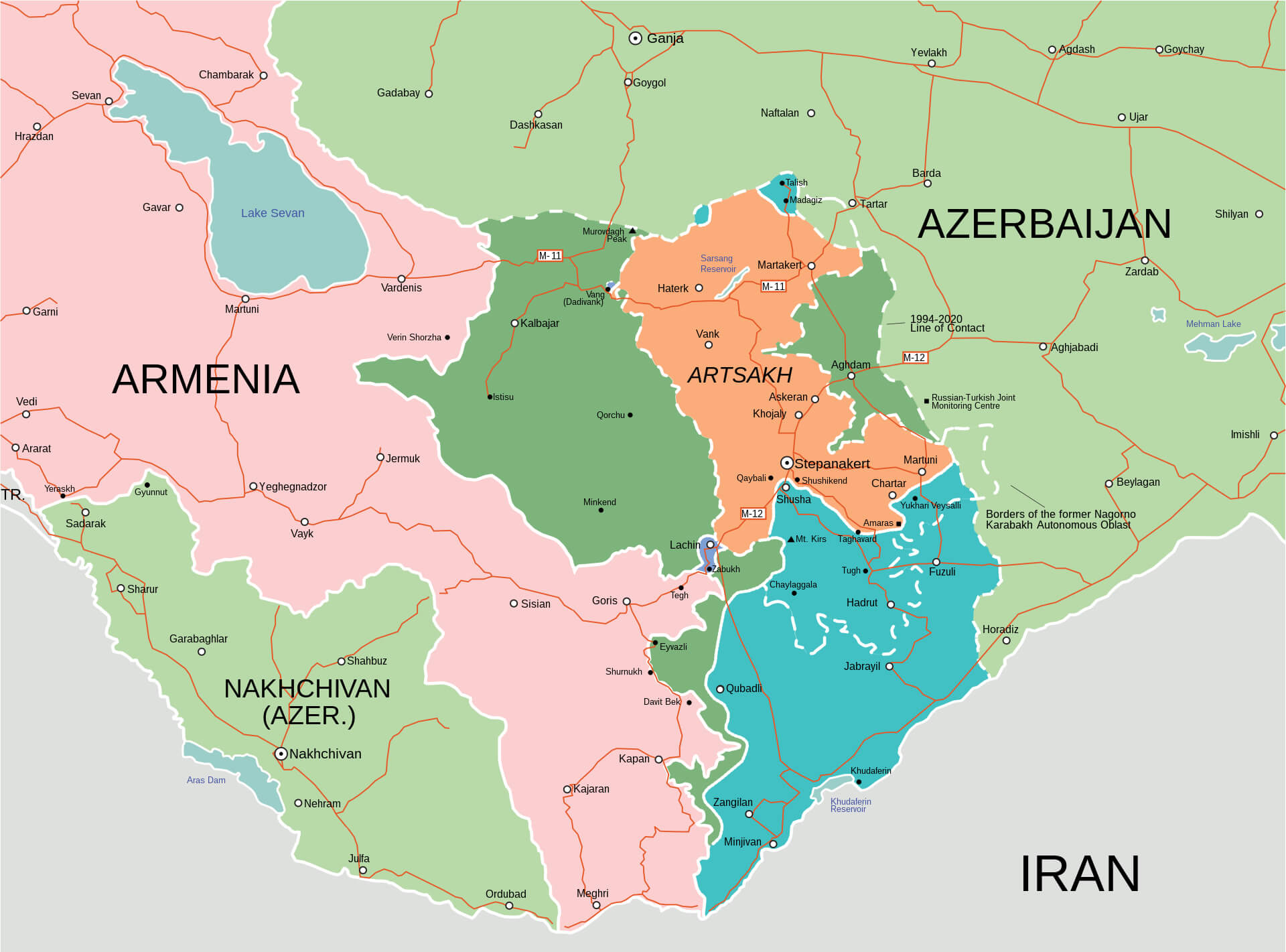 Second Nagorno-Karabakh conflict map with Armenia, Azerbaijan, and Artsakh