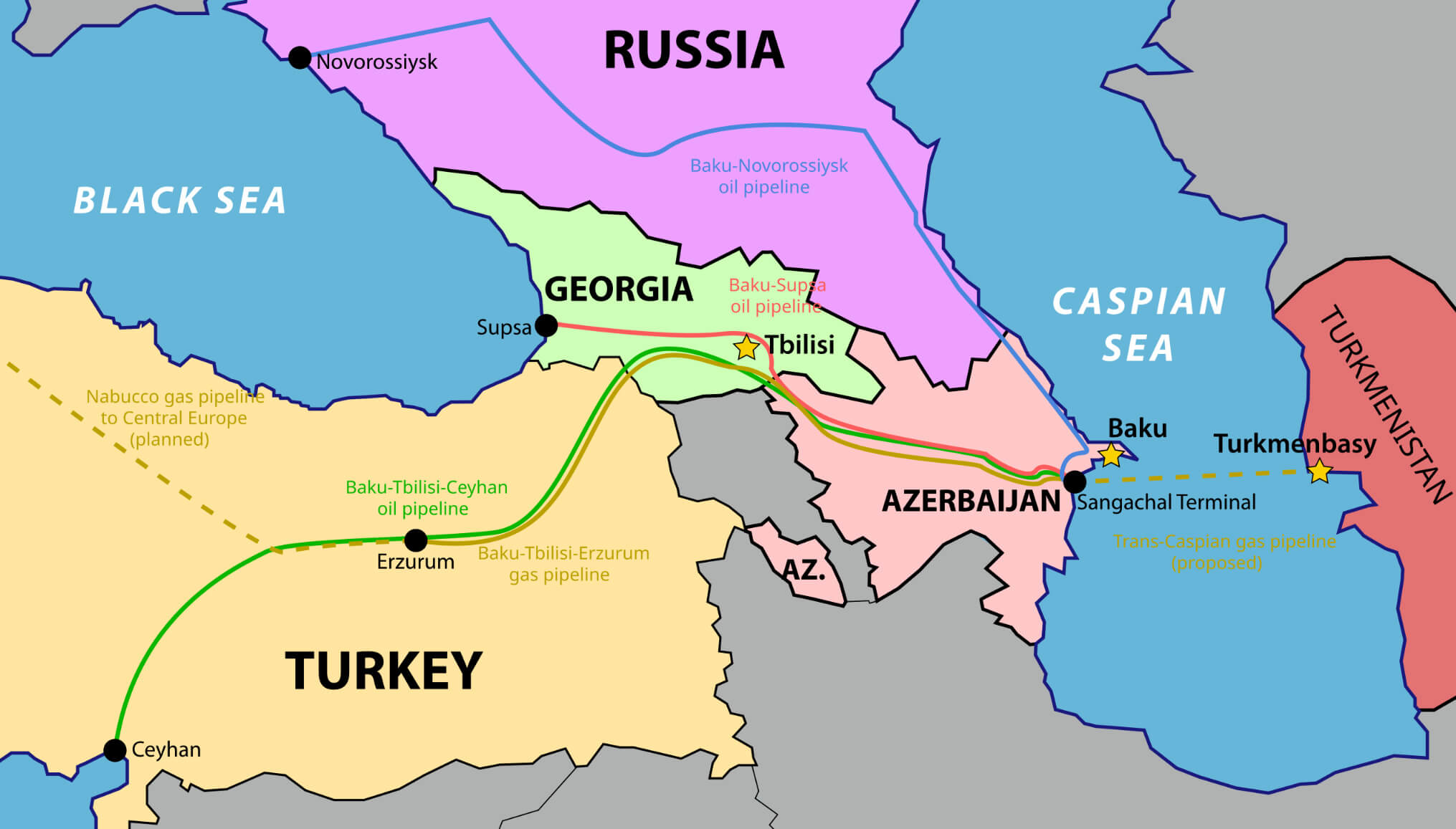 South Caucasus map with oil and gas pipelines in Azerbaijan