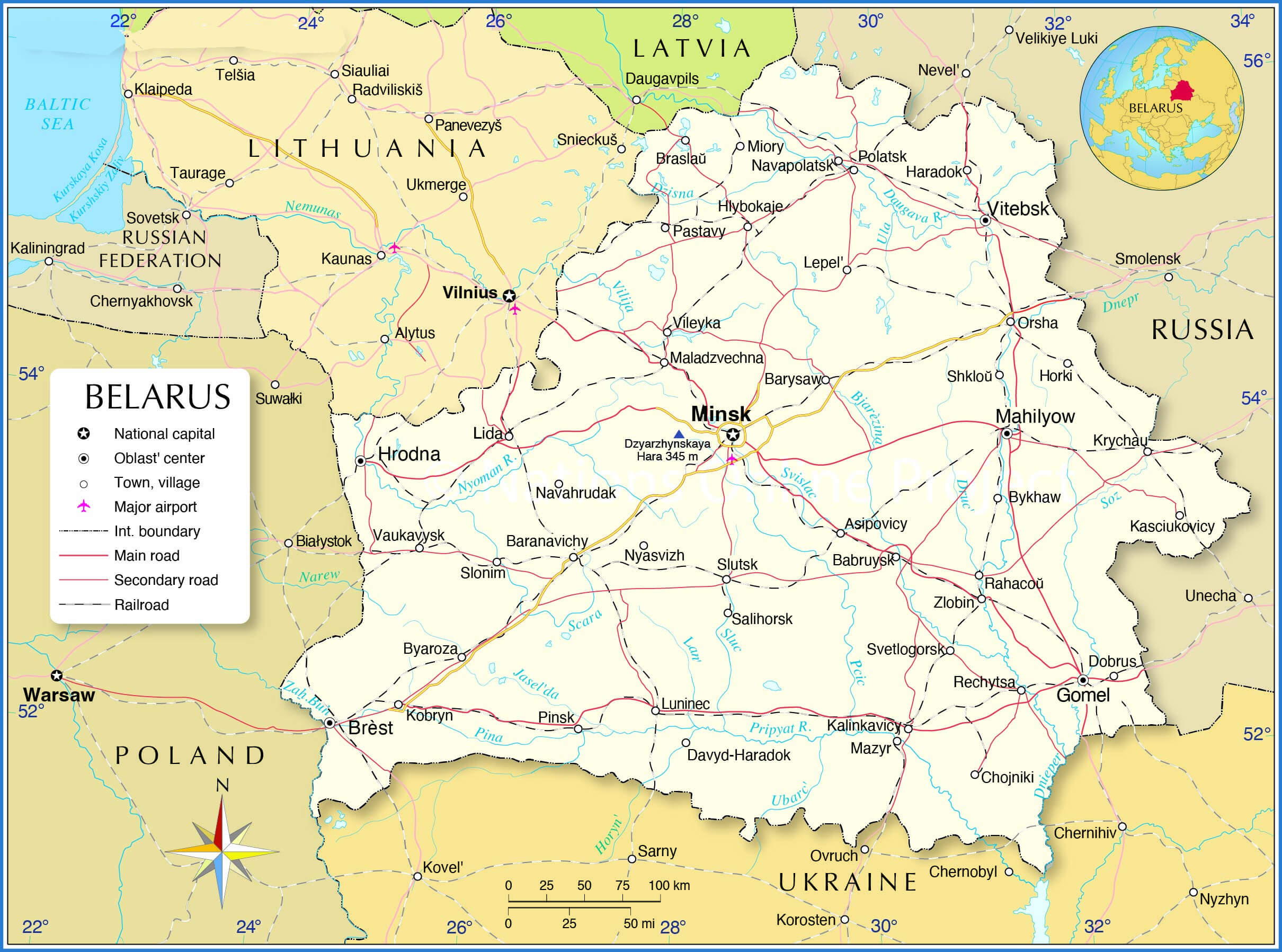 Belarus map with highways, main roads, and railroads.