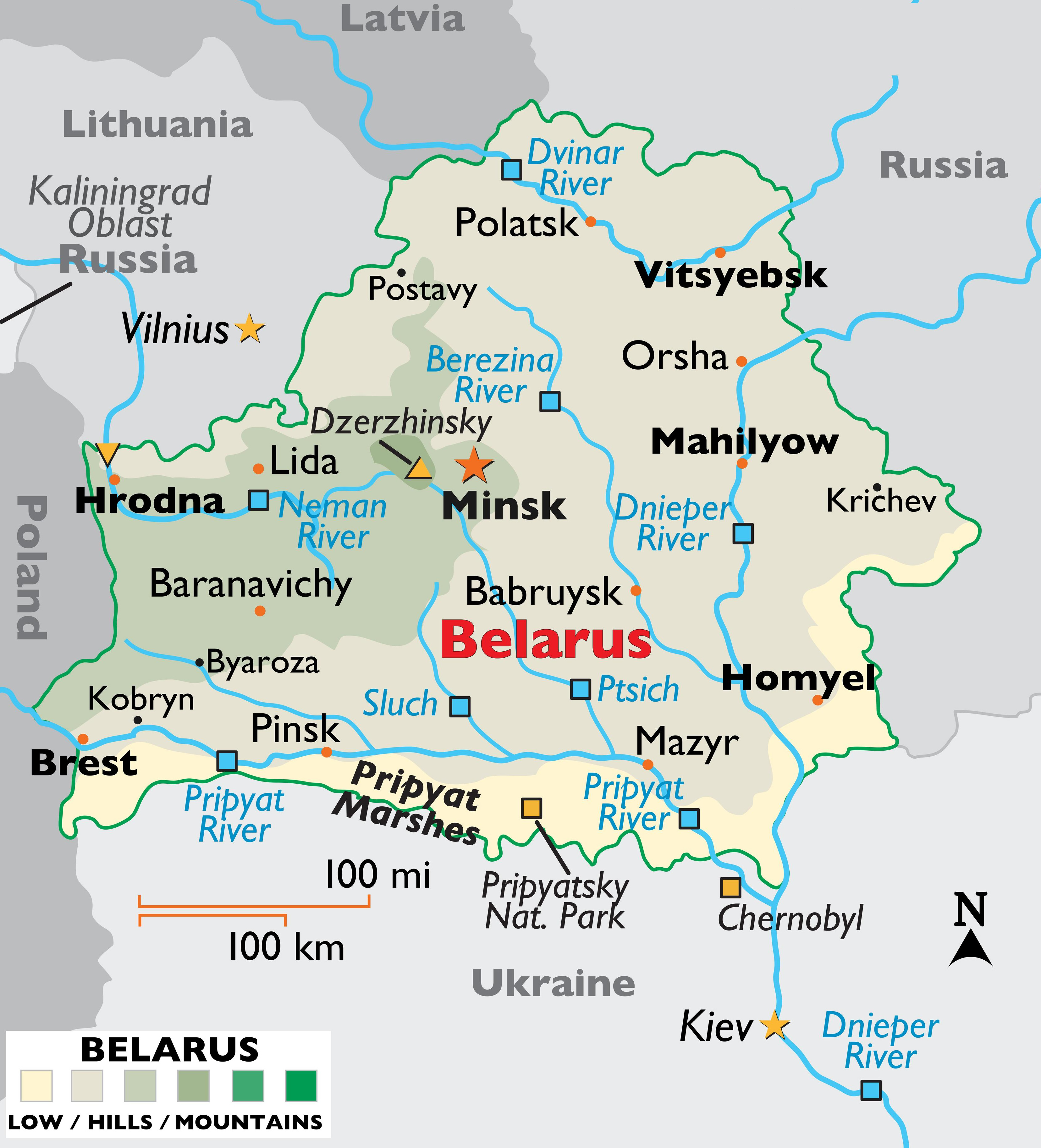 Belarus map with major cities, rivers, and natural landmarks