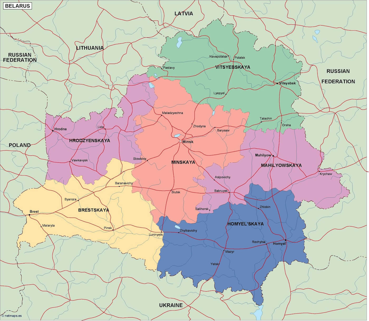 Belarus political map highlighting regions and neighboring countries