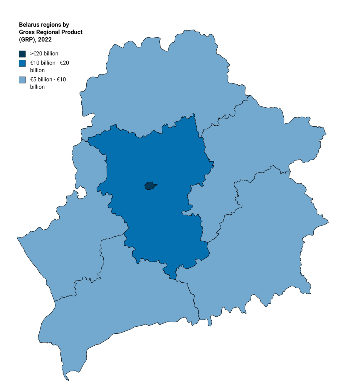 Map of Belarus regions by Gross Regional Product (GRP) in 2022