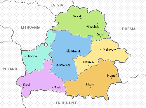 Belarus map with regions, cities, and neighboring countries.