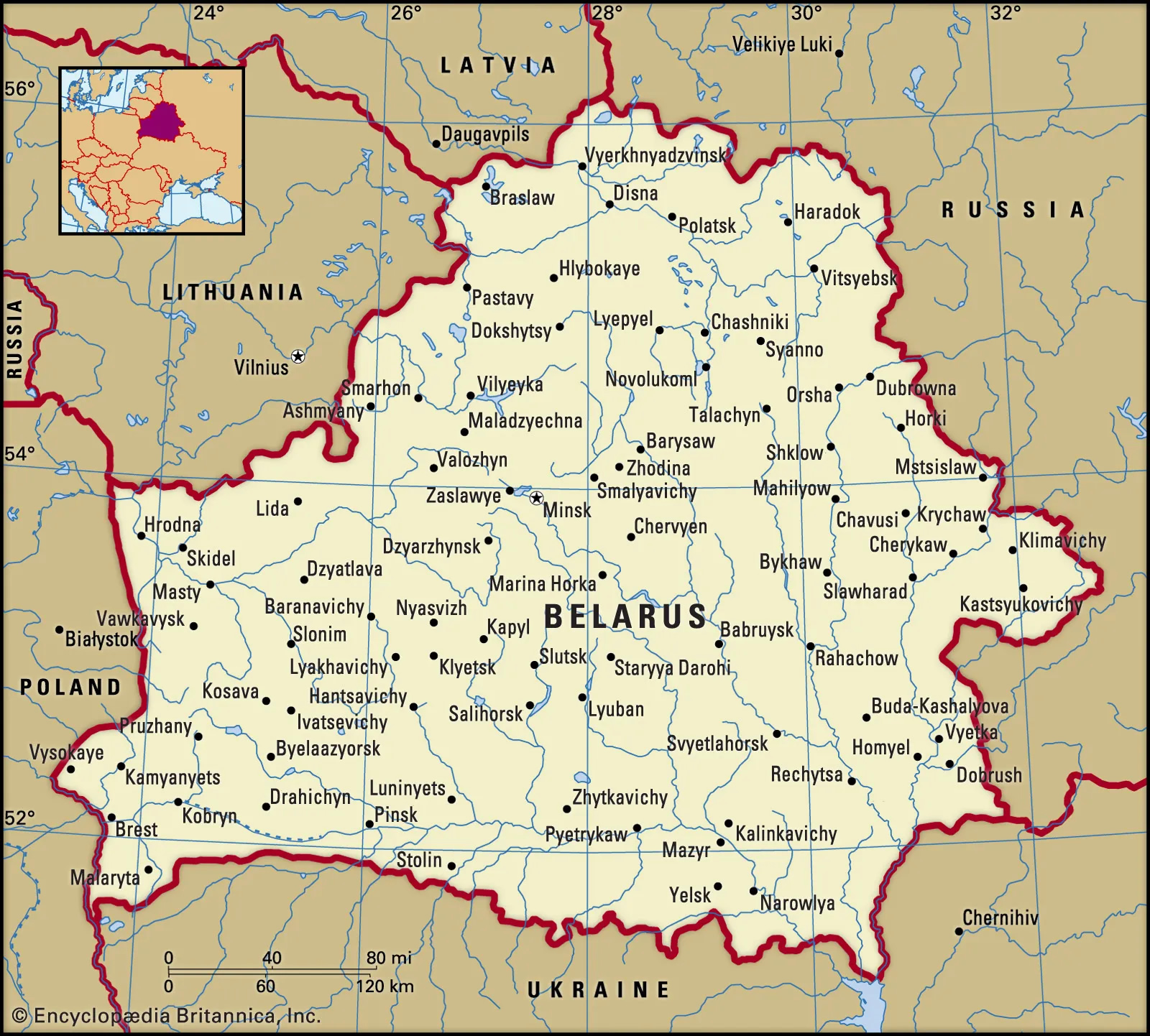 Map highlighting Belarus with key rivers and surrounding borders