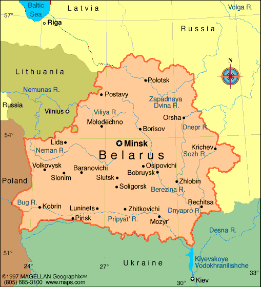 Belarus map with cities, rivers, and bordering countries.