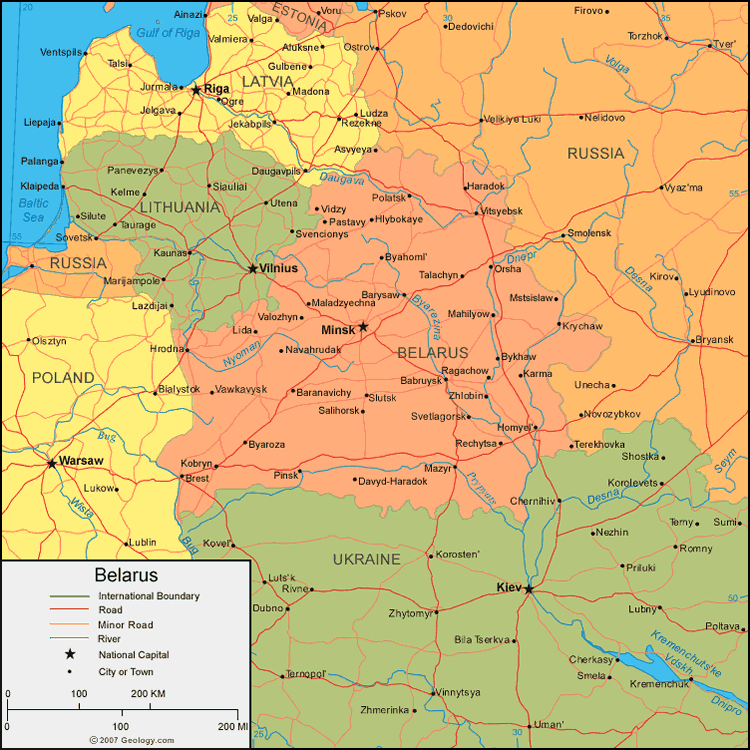 Belarus map with regions, major cities, and bordering countries.