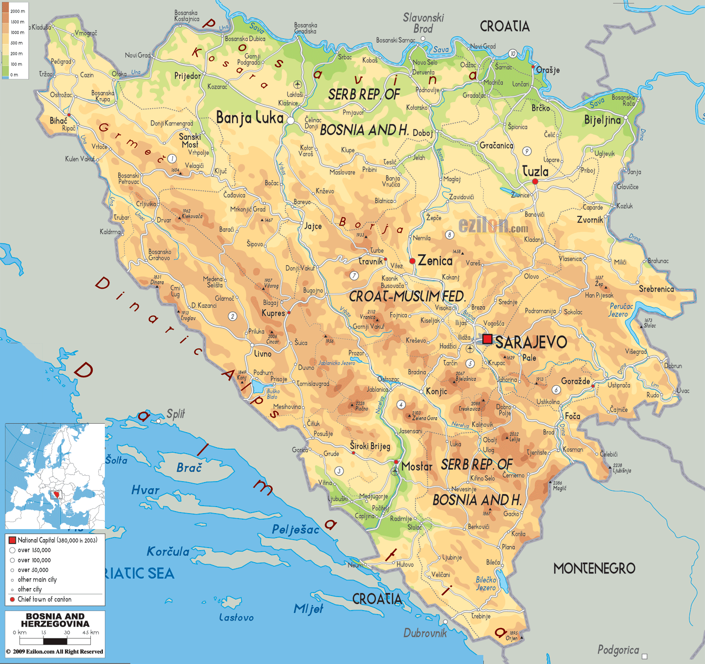 Physical Map of Bosnia and Herzegovina